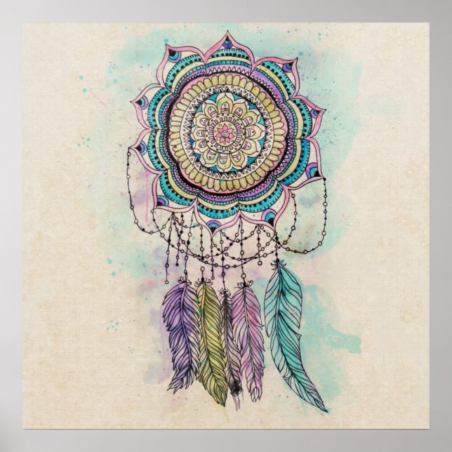 Boho Watercolor Mandala Dreamcatcher Poster (Front)