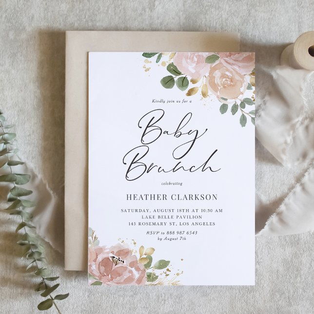 Boho Watercolor Mauve Peach Flowers Baby Brunch Invitation (Customizable Baby Brunch Invitation – Watercolour Mauve Peach, Greenery, & Faux Gold Foil Accents)