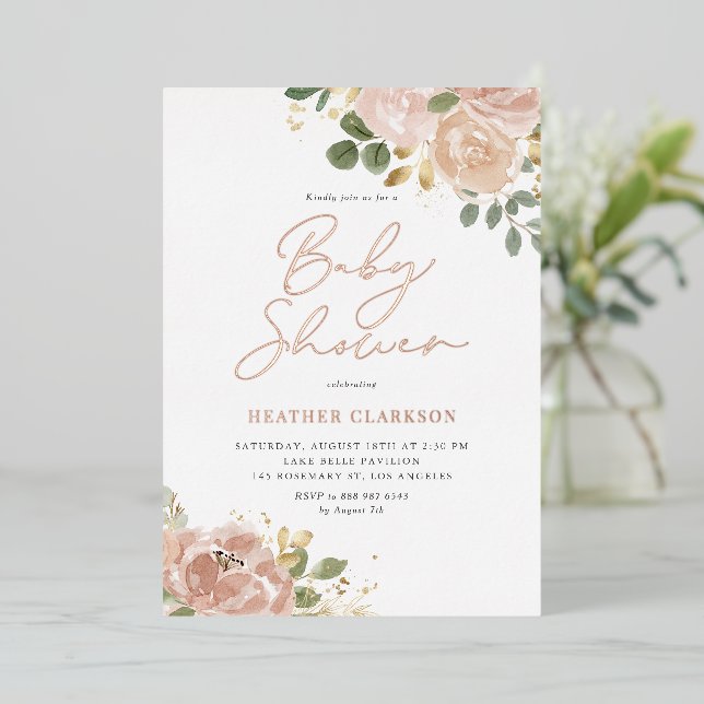 Boho Watercolor Mauve Peach Flowers Baby Shower (Standing Front)