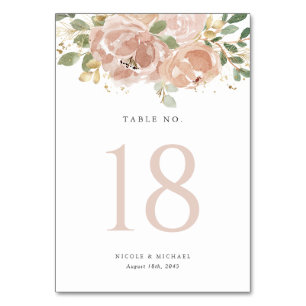 Boho Watercolor Mauve Peach Flowers Wedding Table Number