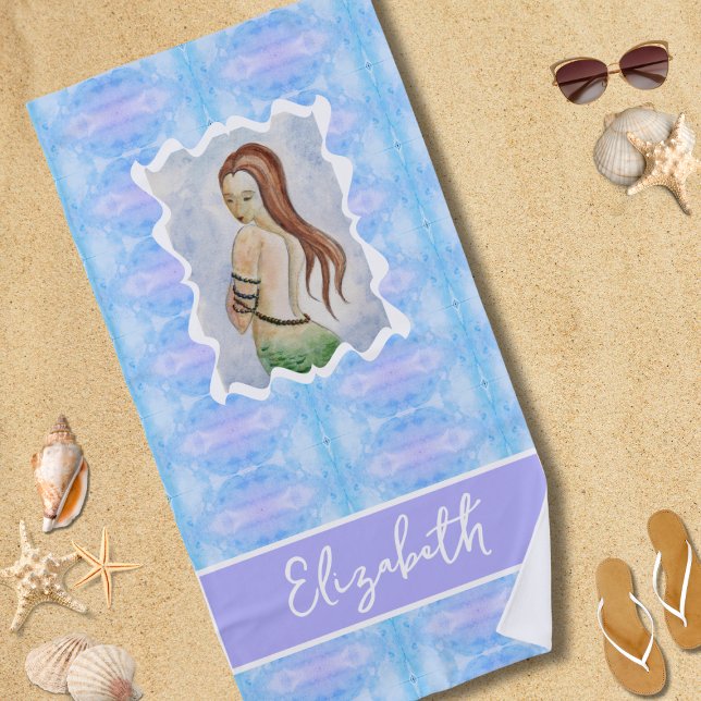 Boho Watercolor Mermaid Personalized Beach Towel (Creator Uploaded)