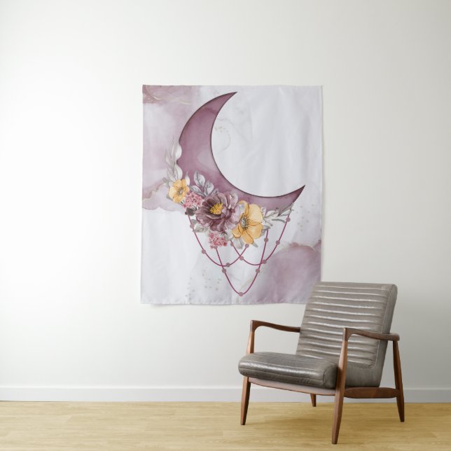 Boho Watercolor Moon Dreamcatcher Tapisserie (En situation)