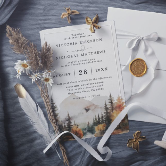 Boho Watercolor Mountain Budget QR code Wedding Invitation (Creator Uploaded)