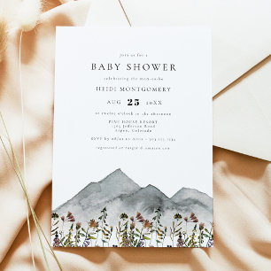 Boho Watercolor Mountain Wildflower Baby Shower Invitation