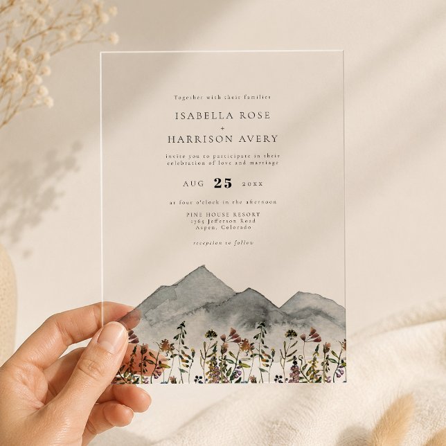 Boho Watercolor Mountain Wildflower Wedding Acrylic Invitations (Boho mountain and wildflower clear acrylic wedding invitation)