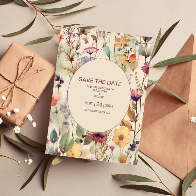 Boho Watercolor Muted Tones Wildflowers  Save The Date (Creator Uploaded)