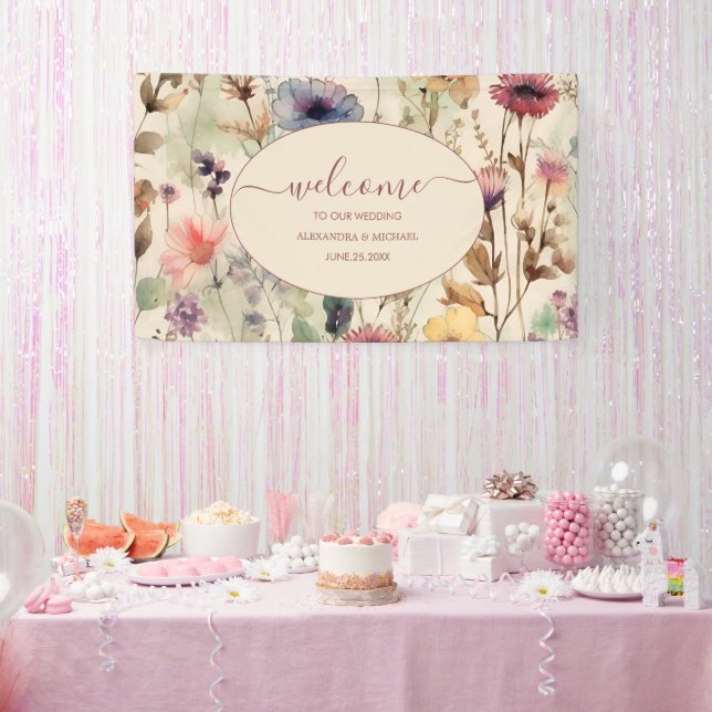 Boho Watercolor Muted Tones Wildflowers Wedding Banner (Party)