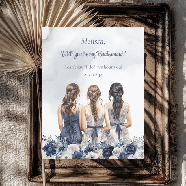Boho Watercolor navy blue white floral Bridesmaid  Invitation (Boho Watercolor navy blue white floral Bridesmaid Invitation)
