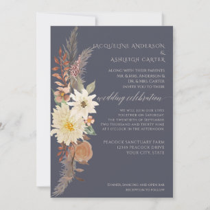 BOHO Watercolor Navy Floral Pampas Grass Elegant Invitation