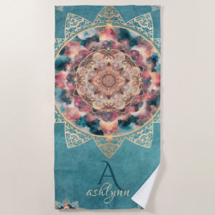 Boho Watercolor Nebula Gold Flower Mandala Yogi Beach Towel