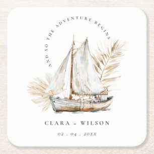 Boho Watercolor Palm Sailboat Seascape Wedding Square Paper Coaster