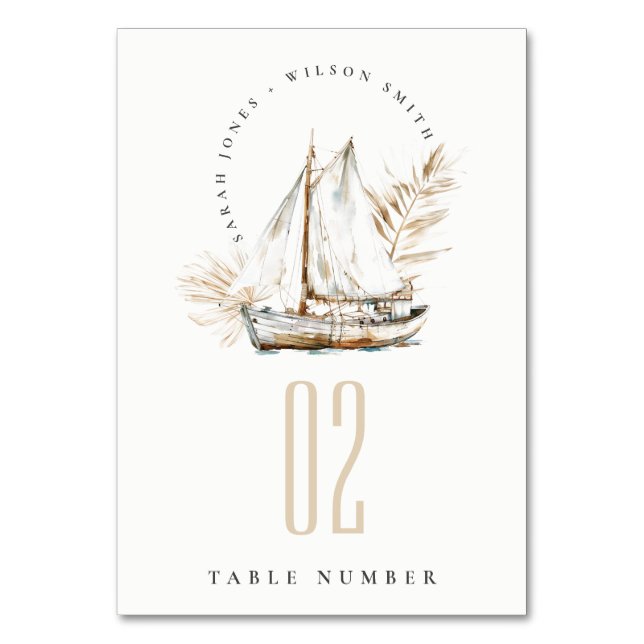 Boho Watercolor Palm Sailboat Seascape Wedding  Table Number (Front)