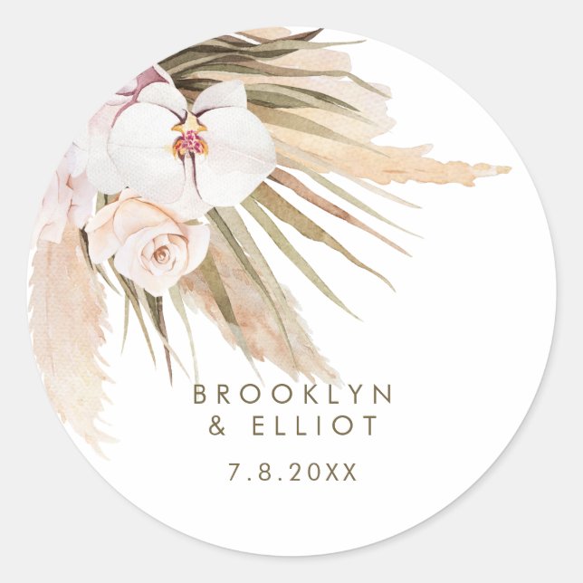 Boho Watercolor Pampas Grass Wedding Favour Classic Round Sticker (Front)