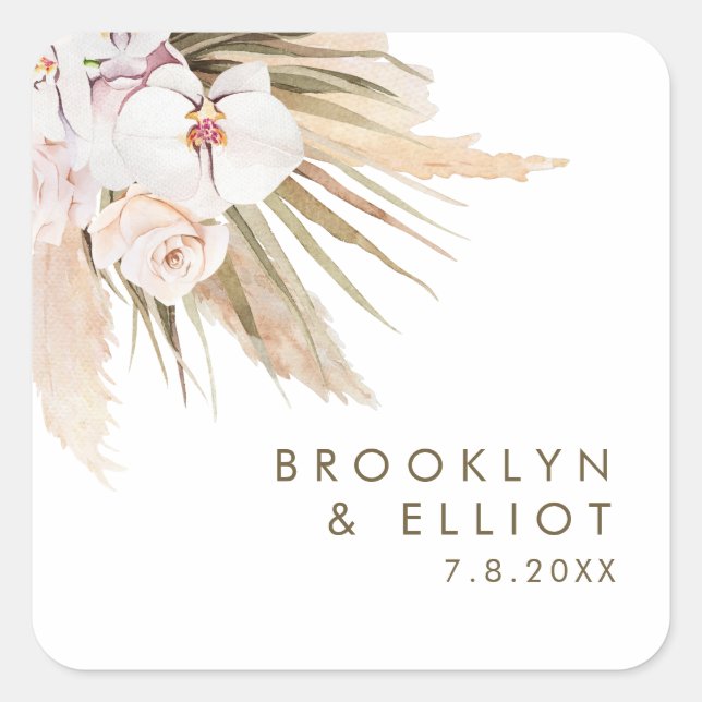 Boho Watercolor Pampas Grass Wedding Favour Square Sticker (Front)