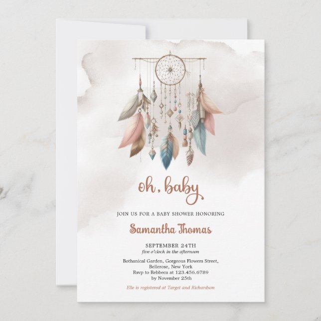 Boho watercolor pastel colours dream catcher girl invitation (Front)