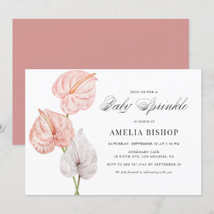 Boho Watercolor Pink Anthuriums Baby Sprinkle Invitation