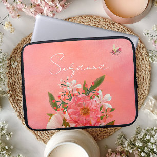 Boho Watercolor Pink Coral Florals Script Name Laptop Sleeve