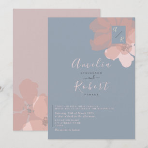 Boho Watercolor Pink Dusty Blue Wedding Invitation