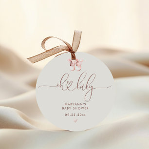 Boho Watercolor Pink Oh Baby Shower Classic Round Sticker