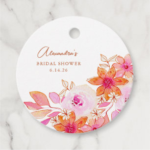 Boho Watercolor Pink Orange Flowers Bridal Shower Favour Tags