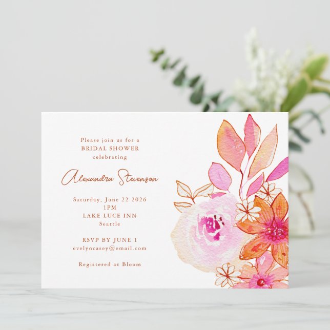 Boho Watercolor Pink Orange Flowers Bridal Shower Invitation (Standing Front)