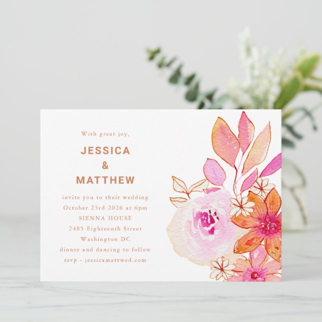 Boho Watercolor Pink Orange Flowers Chic Wedding Invitation (Standing Front)