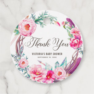 Boho Watercolor Pink Peonies Wreath Thank You Favour Tags
