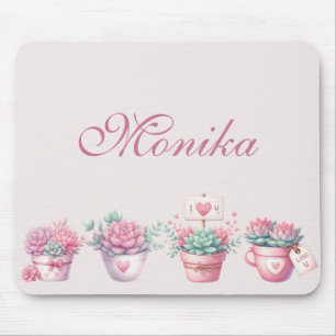 Boho Watercolor Pink Potted Succulents Custom Mouse Pad