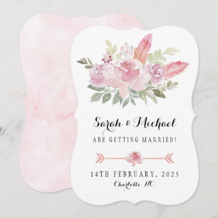 Boho Watercolor pink roses and feathers Save The Date