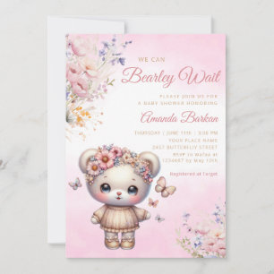 Boho Watercolor pink Teddy Bear Girl Baby Shower  Invitation