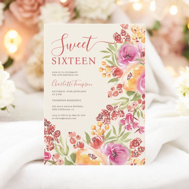Boho Watercolor Pink Terracotta Floral Sweet 16 Invitation (Boho Watercolor Pink Terracotta Floral Sweet 16 Invitation)