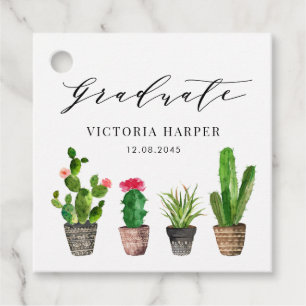 Boho Watercolor Potted Cactus Graduation Favour Tags