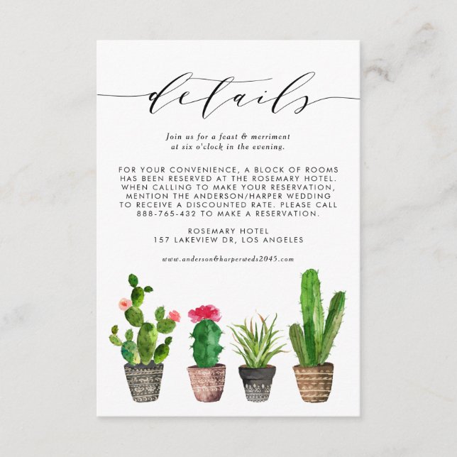 Boho Watercolor Potted Cactus Wedding Details Enclosure Card (Front)