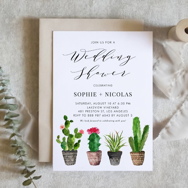 Boho Watercolor Potted Cactus Wedding Shower Invitation (Creator Uploaded)