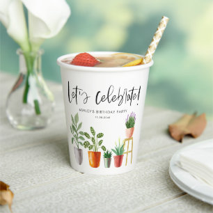 Boho Watercolor Potted Houseplants Birthday Paper Cups