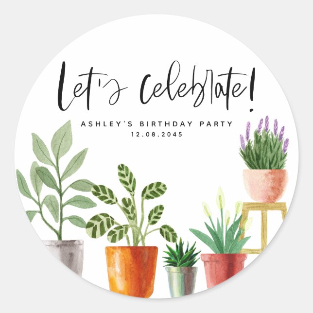 Boho Watercolor Potted Houseplants Birthday Party Classic Round Sticker (Front)