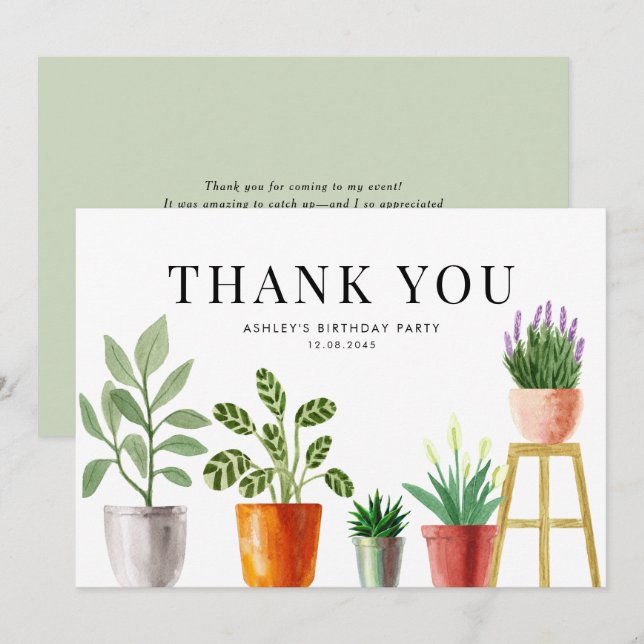 Boho Watercolor Potted Houseplants Birthday Party Thank You Card (Front/Back)