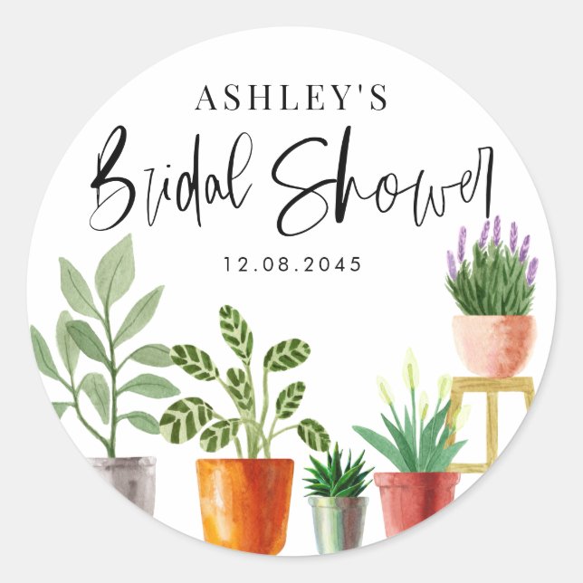 Boho Watercolor Potted Houseplants Bridal Shower Classic Round Sticker (Front)