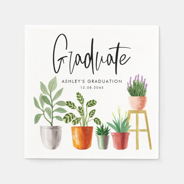 Boho Watercolor Potted Houseplants Graduation Napkin (Front)