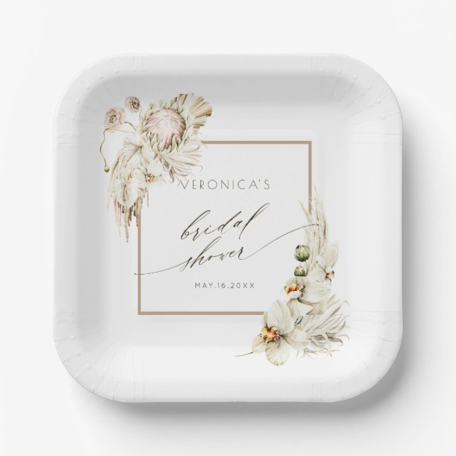 Boho Watercolor Protea Orchid Bridal Shower  Paper Plate (Front)