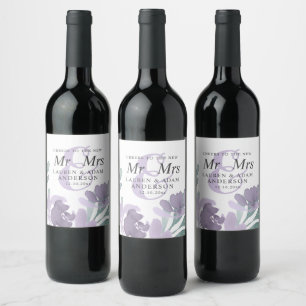 Boho Watercolor Purple Florals Wedding Wine Label