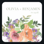 Boho Watercolor Purple Orange Floral Wedding Names Square Sticker<br><div class="desc">Boho Watercolor Purple Orange Floral Wedding Custom Square Sticker</div>