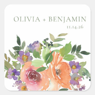 Boho Watercolor Purple Orange Floral Wedding Names Square Sticker