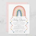 Boho Watercolor Rainbow Baby Shower Coral Invitation<br><div class="desc">This adorable baby shower invitation features a hand painted boho watercolor rainbow in coral, pink, gold, teal blue, and dusty blue, along with matching triangle rain arranged in a geometric design. The back of the card contains a boho stripes pattern in white over a matching blush pink background (colour can...</div>