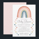 Boho Watercolor Rainbow Baby Shower Coral Invitation<br><div class="desc">This adorable baby shower invitation features a hand painted boho watercolor rainbow in coral, pink, gold, teal blue, and dusty blue, along with matching triangle rain arranged in a geometric design. The back of the card contains a boho stripes pattern in white over a matching blush pink background (colour can...</div>