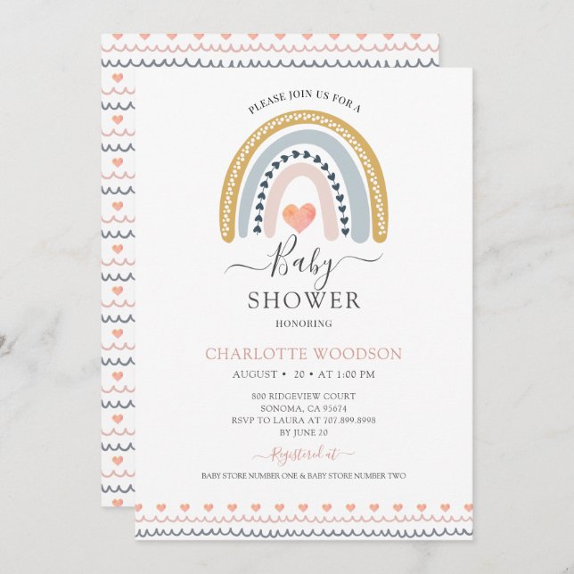 Boho Watercolor Rainbow Baby Shower Invitation (Front/Back)