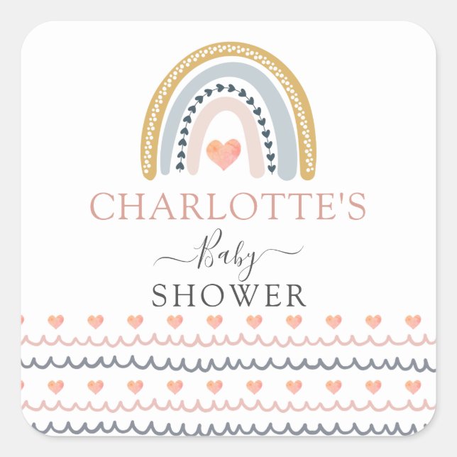 Boho Watercolor Rainbow Baby Shower Invitation Square Sticker (Front)
