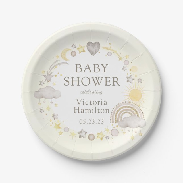 Boho Watercolor Rainbow Baby Shower Paper Plate (Front)