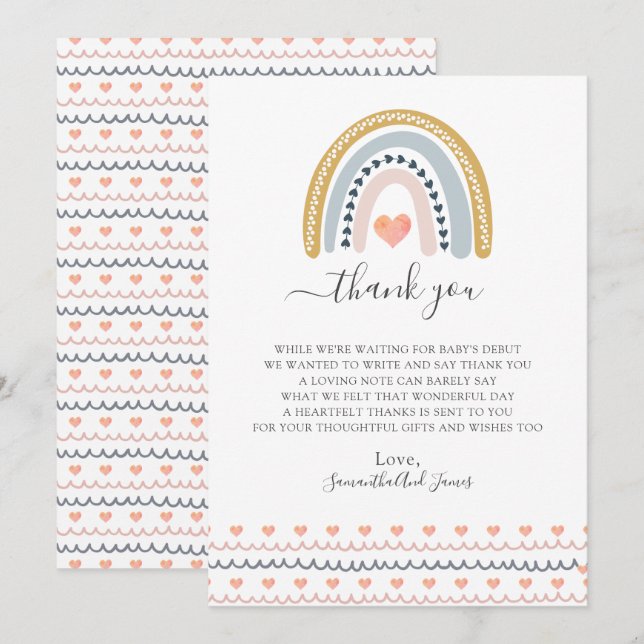 Boho Watercolor Rainbow Baby Shower  Thank You Card (Front/Back)