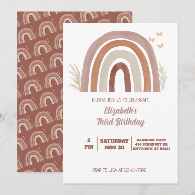 Boho Watercolor Rainbow Birthday | Pampas Grass  I Invitation (Front/Back)
